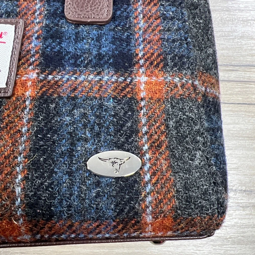 Glenn Appin Harris Tweed Wool Plaid Satchel Handbag and Wallet Set Blue Orange